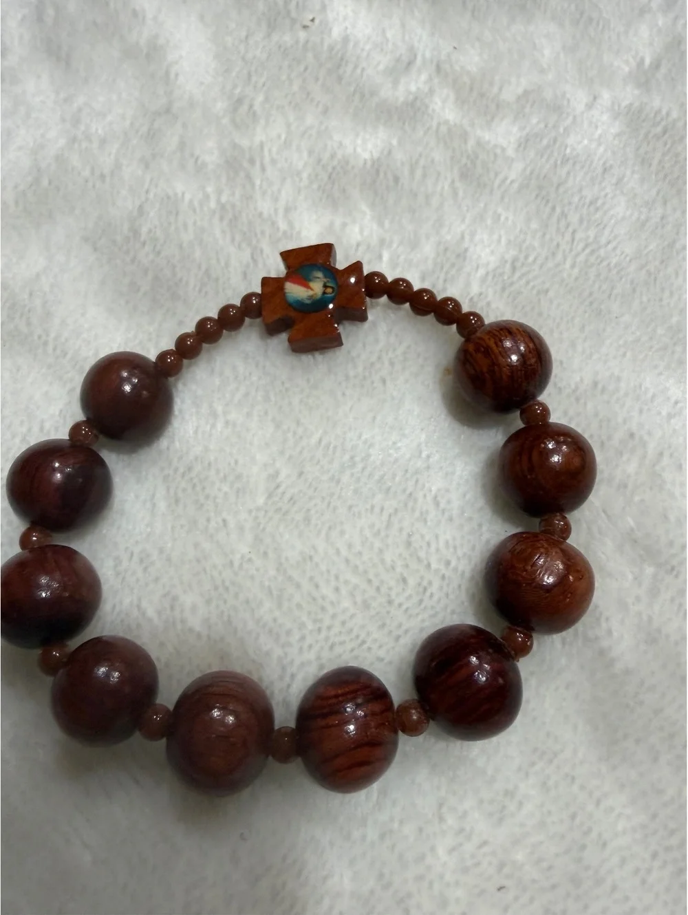 Set of 2 vintage rosaries wood and silver pleated St. Benedict wood bracelet